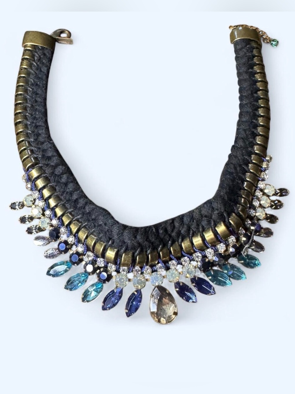 Braided Black Statement Necklace with Blue Crystal Accents / gold tone hardware